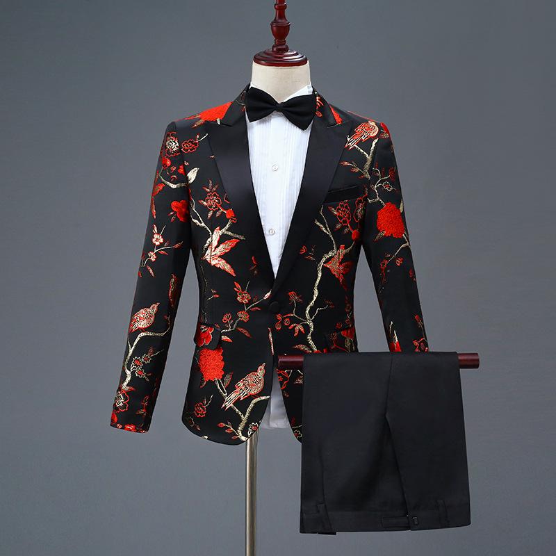 Men's Black Embroidered Single-Breasted Suit for Stage and Hosting