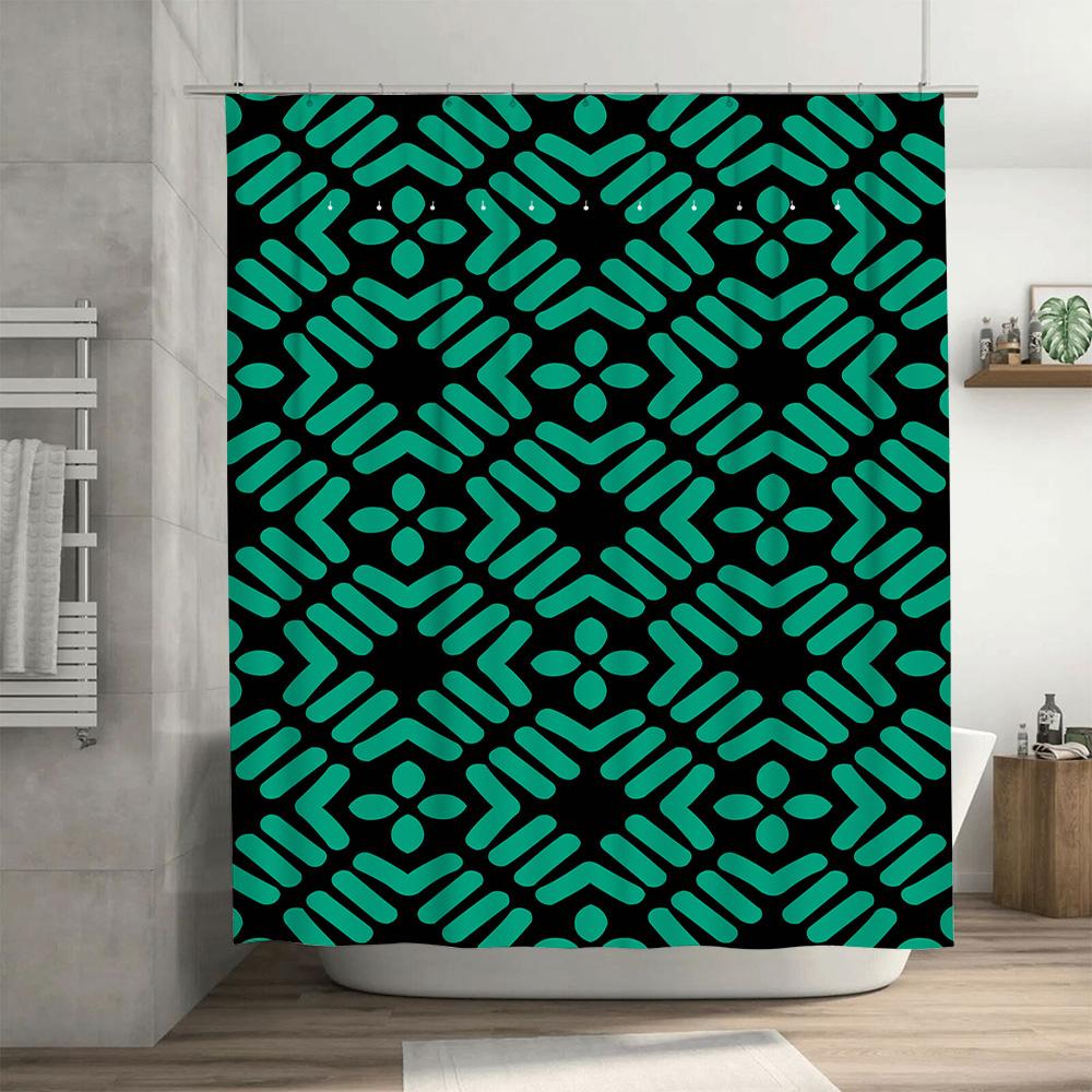 Green And Black Shower Curtain With Geometric Pattern For Bathroom Decor