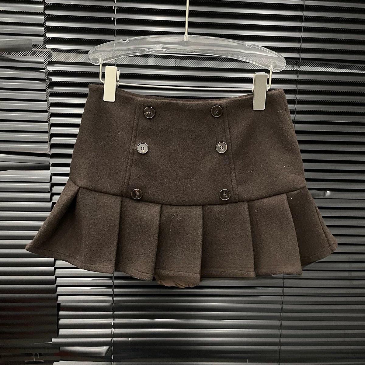

2025 Autumn/Winter Double-Breasted Wool A-Line Pleated Short Skirt for Women - Retro Fashion & Versatile Style Large кофейный