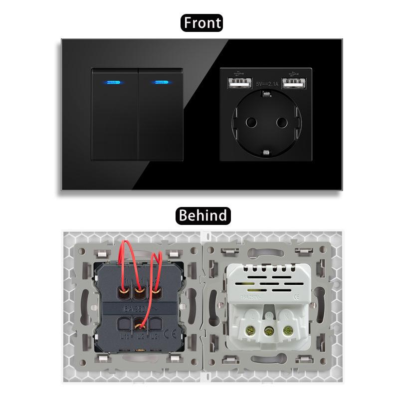 European Style Type 157 16A USB Wall Socket with LED Light, Glass Finish.
