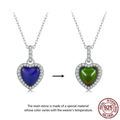 S925 Sterling Silver Emotion Stone Heart Pendant Necklace Color Change Gemstone Neck Chain for Women Valentine's Day Gift