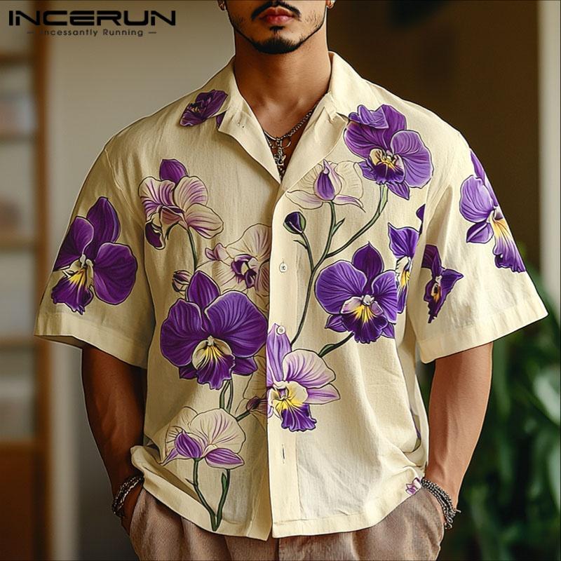 INCERUN Oversized Men Lapel Neck Short Sleeve Floral Print Casual Shirts