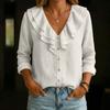 Women's Color Long Sleeve V-Neck Ruffled Blouse with Loose Fit for Casual Daily Wear