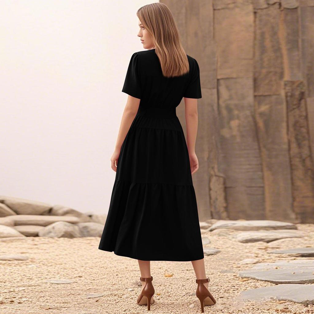 Women's Casual Round Neck Solid Color Layered Ruffled Hem Flowy Dress