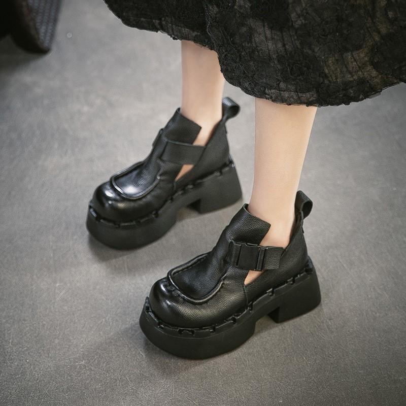 Johnature Commuter Retro Thick Soled High Heels Pumps Versatile Genuine Leather Women's Platform Shoes