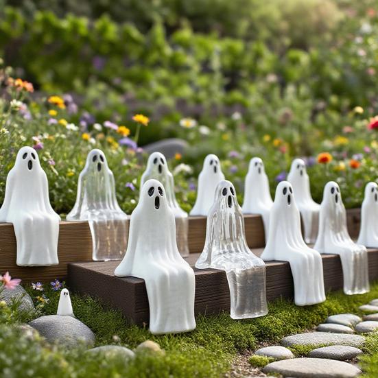 20 Pcs Mini Ghost Ornaments Sitting Ghost Miniatures Halloween Screaming or Smiling Ghost Decorations for Flower Pot Bookshelf Windowsill Edge