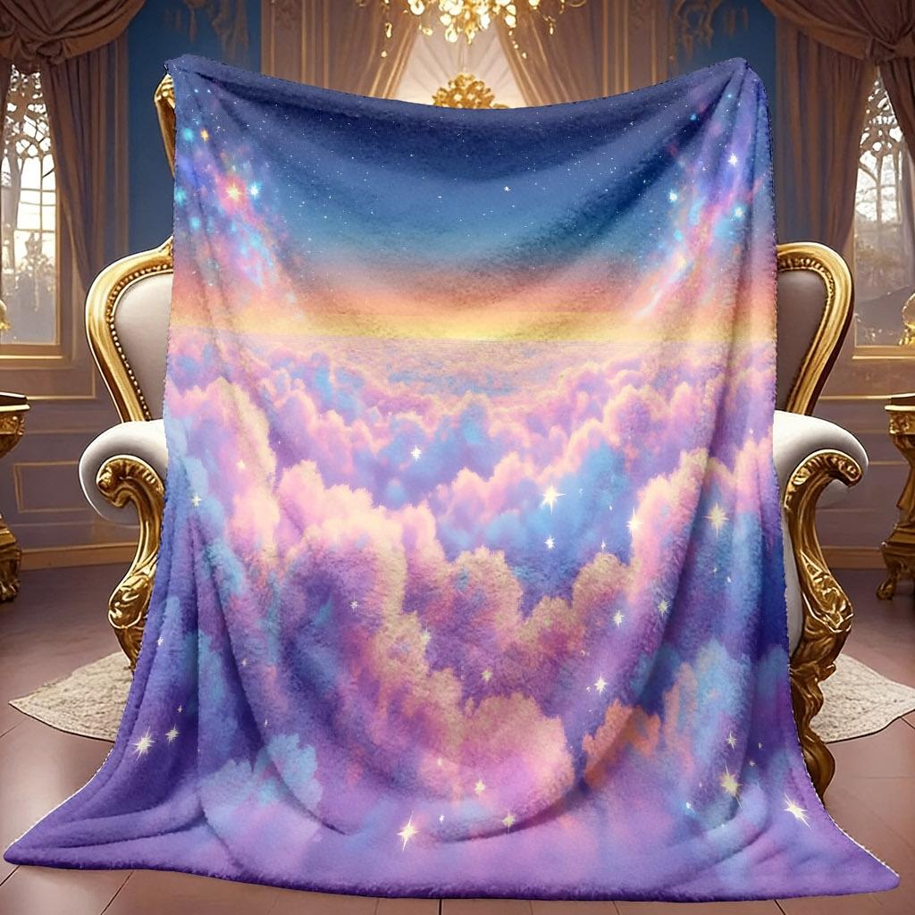 1pc 2D Dreamy Starry Sky Cloud Sea Theme Pattern Flannel Blanket, Soft HD Digital Print, Cooling Blanket All-Season Use! Soft And Breathable 100% Poly