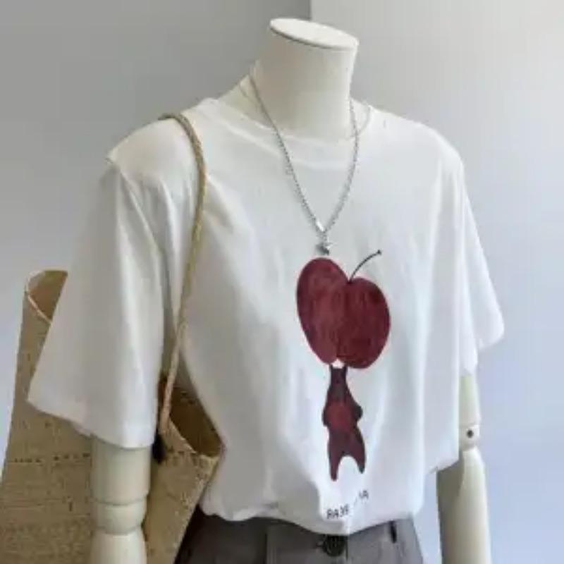 

Women Summer Cute Bear Apple Print Loose Fit Short Sleeve Tee S білий