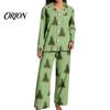 Breathable Pajamas 2Pcs/Set Women Christmas Pajama Set, Long Sleeve Button Down Shirt Soft Loungewear Gift Wide Leg Pants Cute Xmas Print Sleepwear