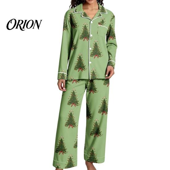 Breathable Pajamas 2Pcs/Set Women Christmas Pajama Set, Long Sleeve Button Down Shirt Soft Loungewear Gift Wide Leg Pants Cute Xmas Print Sleepwear