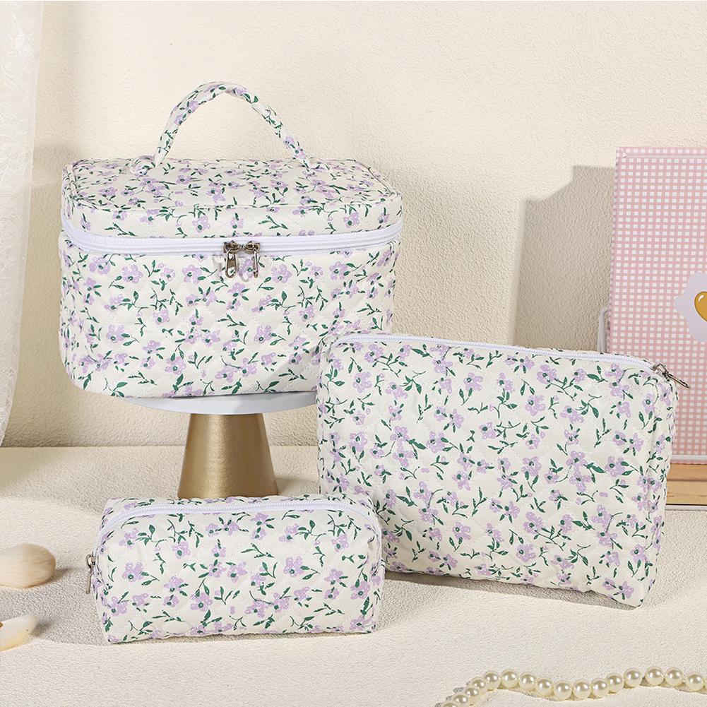 3Pcs Cosmetic Bag Cute Floral Cotton Toiletry Bag Zipper Toiletry Organizer Bag Travel Cosmetic Bag for Women Girls