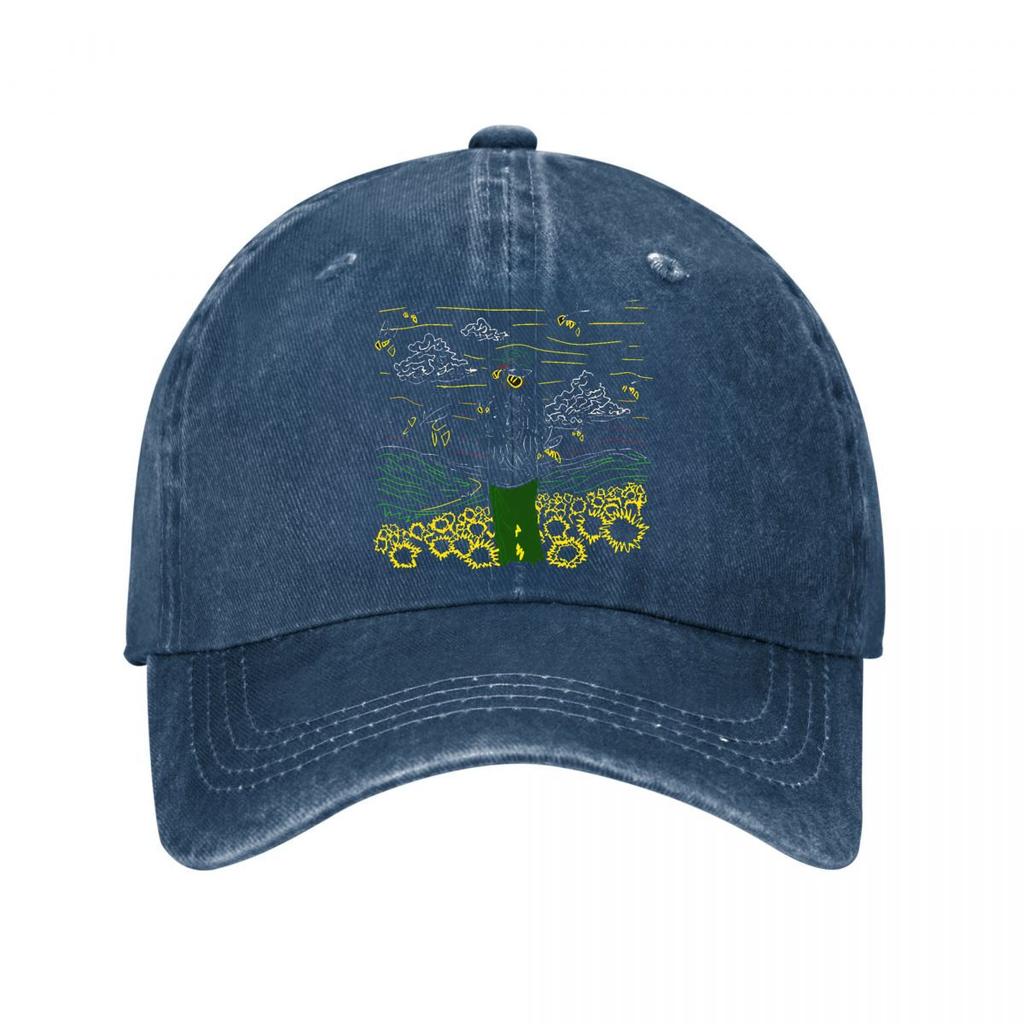 Van Gogh Style Sunflower Field Neon Line Art Print Washed Baseball Cap Outdoor For Womens Unisex FeUnisex