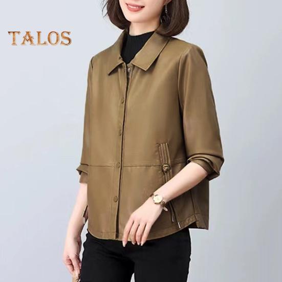 Damenjacke Kunstleder Glatte Oberfläche Umlegekragen Einreihig Taschen Lange Ärmel Retro Motorradmantel Übergröße Reiseoberbekleidung