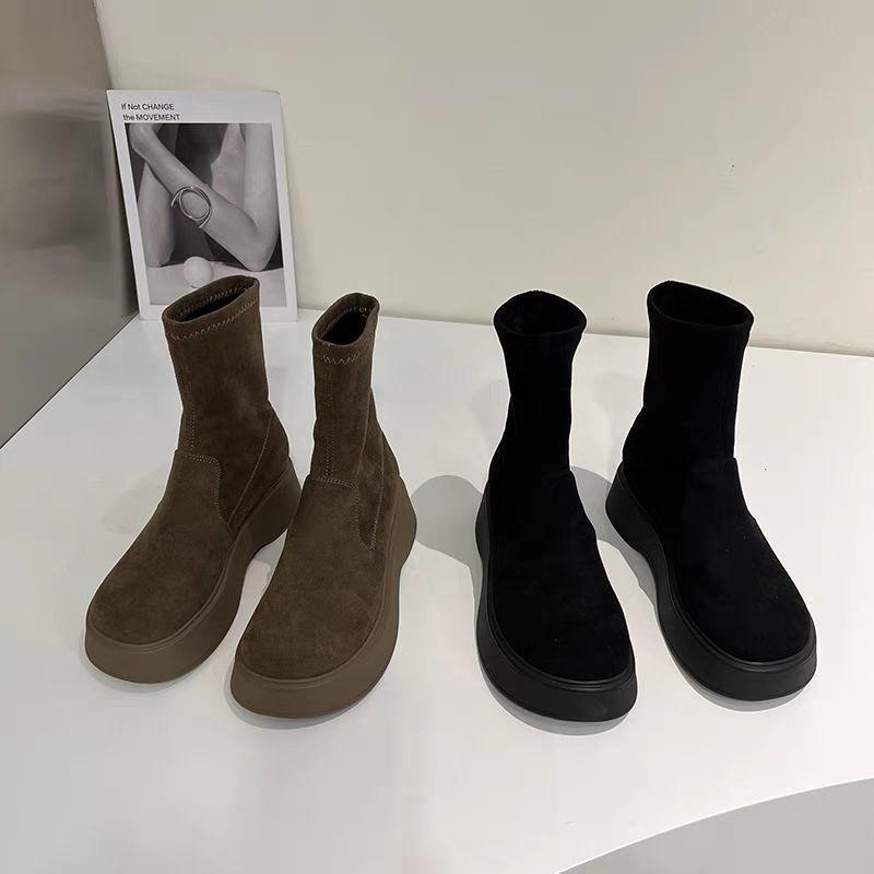 Increase the Sense of Women's Boots Martin Boots Elastic Shit Thick Bottom Flat Bottom Step On Short Boots Women