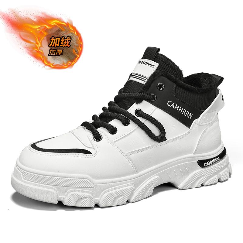 

2025 Зимние теплые меховые ботинки для мужчин Плюшевые кожаные рабочие ботинки Мужские скейтбордические ботинки с высоким голенищем Мужские спортивные повседневные кроссовки На шнуровке Плоская подошва 39