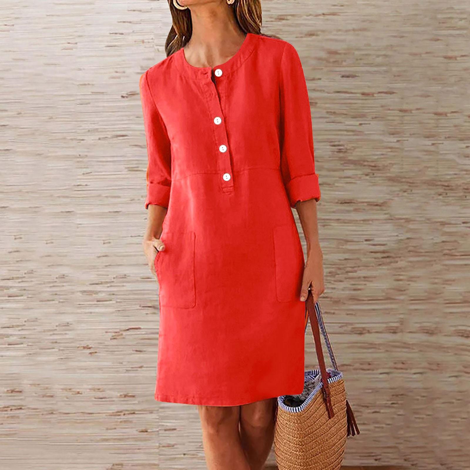 

Женское большое свободное однотонное хлопковое льняное платье с круглым вырезом и короткими рукавами с карманами и пуговицами S оранжевый