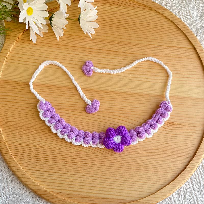 Handmade Woven Flower Pet Collar Adjustable Knitted Scarf for Daily Walking and Spring Outings