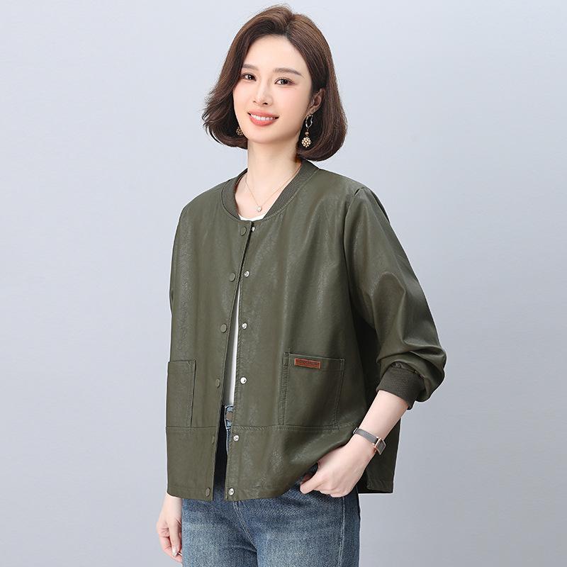 Midlife Chic Women's Petite PU Leather Jacket - High-End, Plus Size, Casual for Spring & Autumn