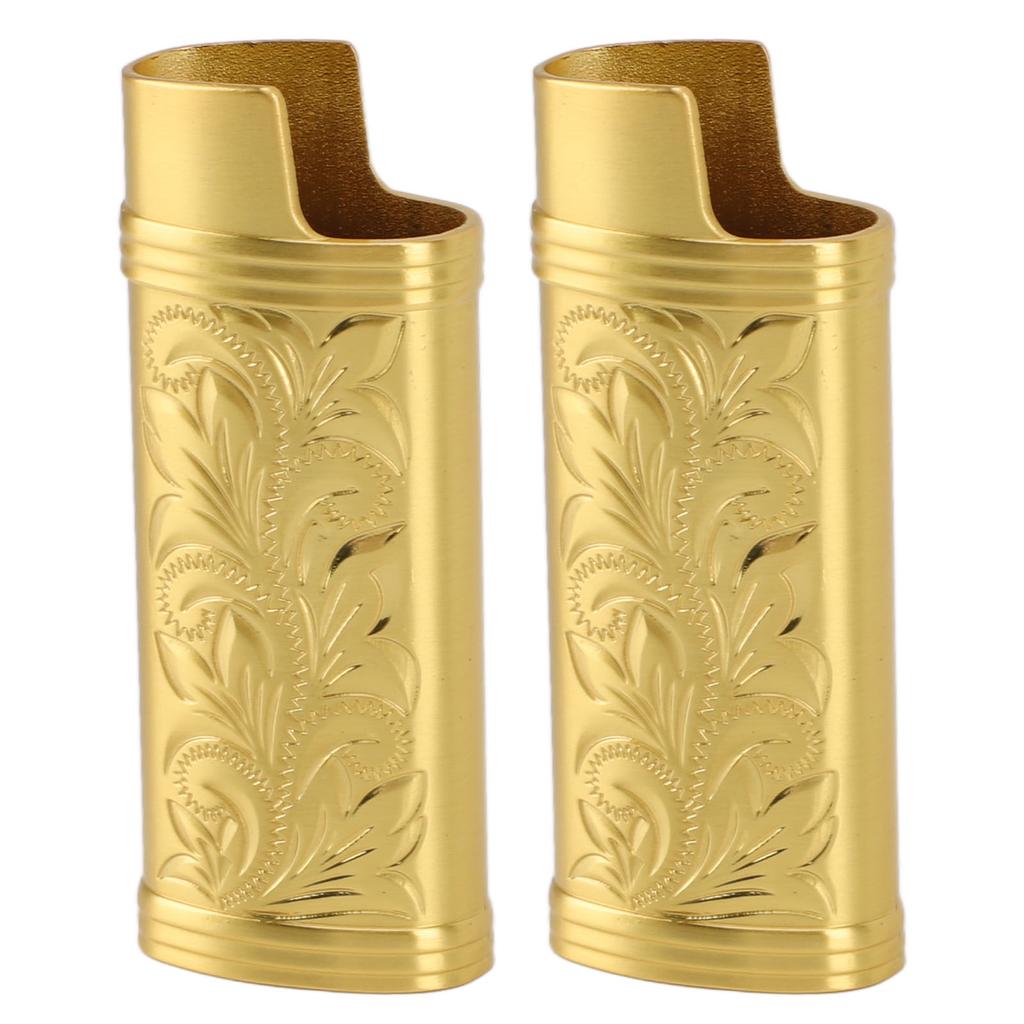 2pcs Retro Lighter Case Compact 3D Floral Stamped Engraving Zinc Alloy Protective Case Cover Gold