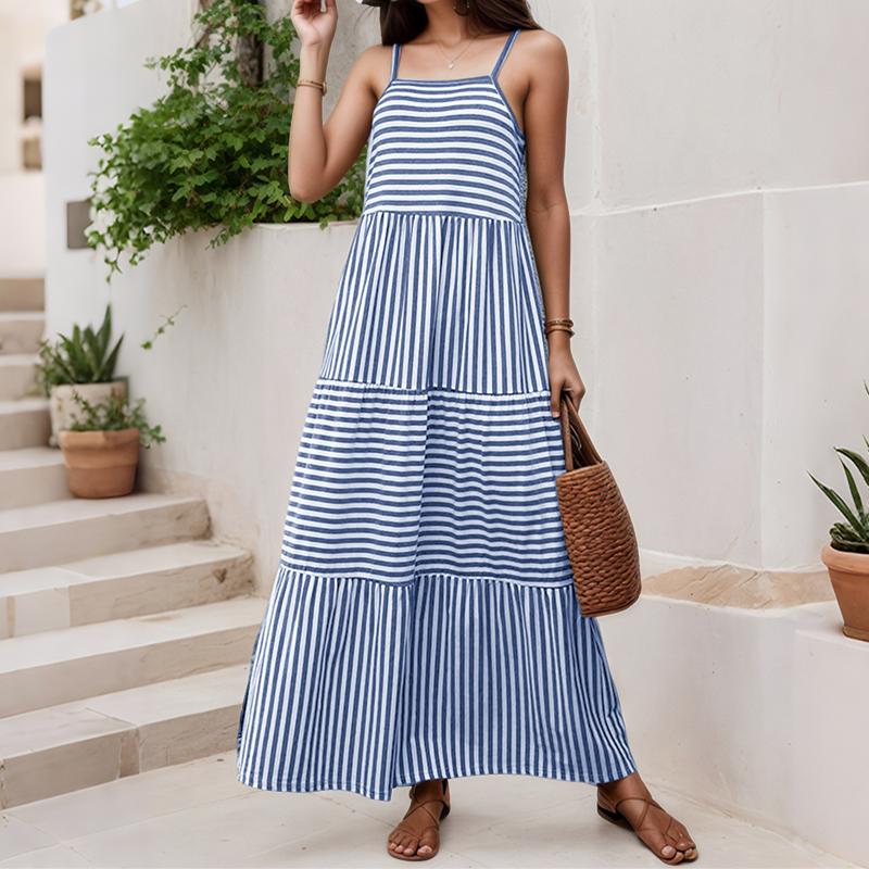 

ZANZEA Женское праздничное летнее повседневное платье-комбинация на бретелях без рукавов с принтом в полоску L синий