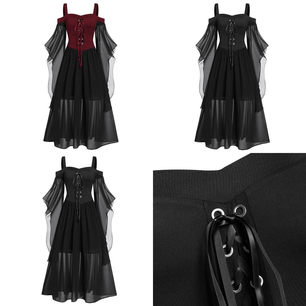 Halloween Witch Dress Gothic Medieval Cosplay Costume Off Shoulder High Quality Polyester Fabric