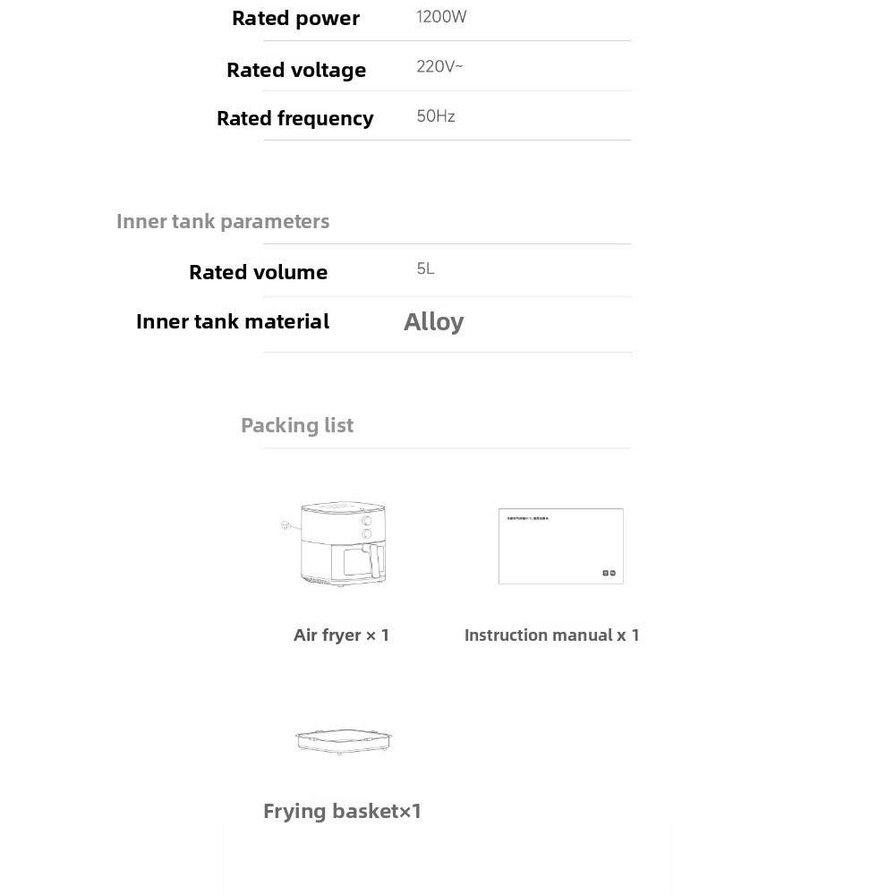 Mijia Air Fryer 5L, No Turn Over Cooking, 6.2" Clear View Window, High Temp Resistant Metal Liner, Multi-Function Air Fryer for Home