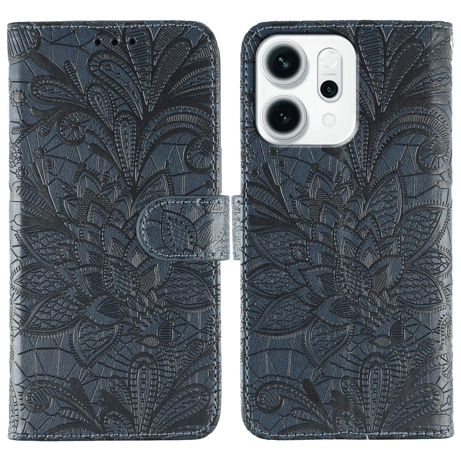 

For Oppo Reno14 F 5G Case Lace Flowers PU Leather Flip Wallet Phone Cover Dark Blue