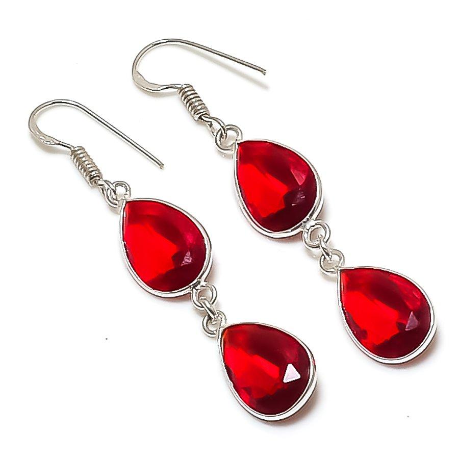 Natural Garnet Gemstone Handmade 925 Sterling Silver Earring 2.21" AE-11666