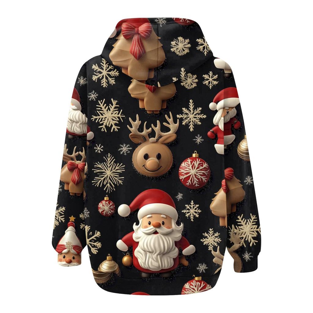 Dame Mote Casual Juleprint Genser Høst Vinter Langermet Cardiganjakke Med Lomme Glidelås Hettejakke