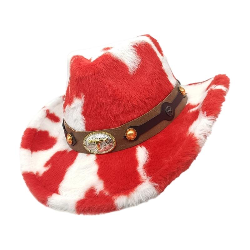 Winter Plush Cowboy Hats with Cow for Women Men Unisex Cold Weather Wide Brims Western Cap Party Props