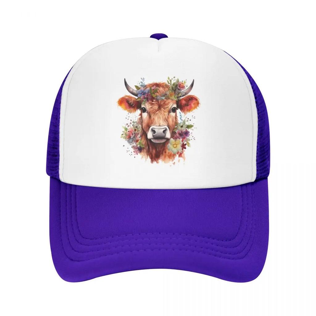 Custom Fashion Highland Cow And Flower Baseball Cap Women Unisex Breathable Trucker Hat PerforUnisexce Snapback Caps
