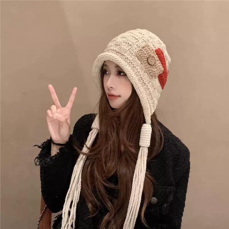 Autumn and winter warm handmade braided knit hat, trendy new fashion patchwork tassel red wool hat for women