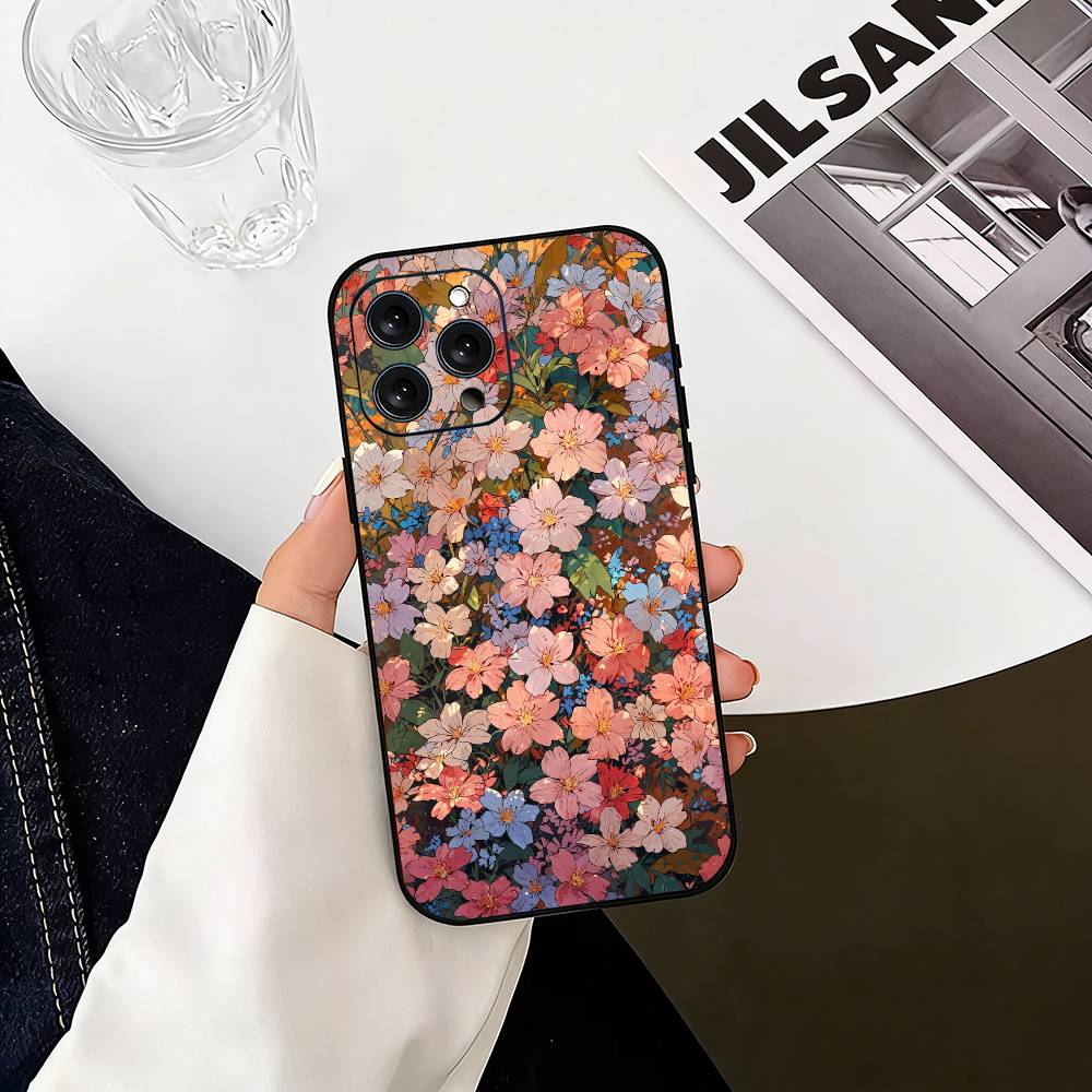 F-flowers Phone Case For iPhone 17,16,15,14,13,12,11 Plus,Pro Max,XS,Soft Silicone Black Cover iPhone17air