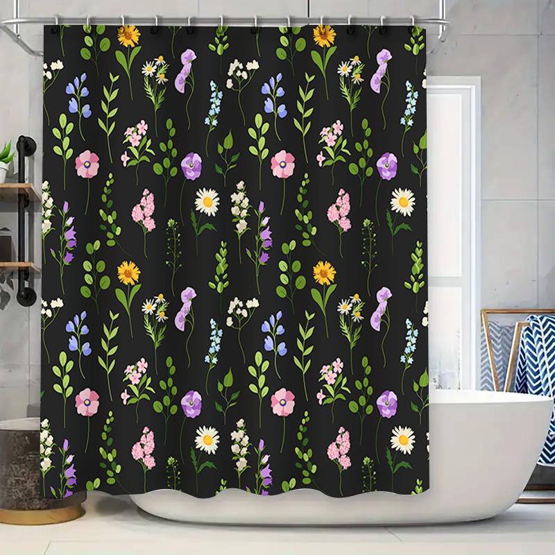

Black Floral Shower Curtain Bold Bath Decor With Flowers Leaves Extra Long 72X84In Bathroom Fabric Pink Purple Yellow Blue White W60H190(CM)-1 Pcs