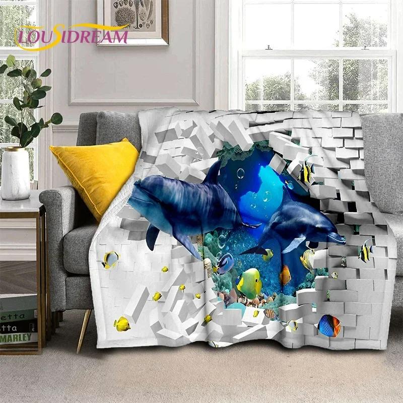 3D Illusion Underwater World Seabed Shark Dolphin Soft Flannel Blanket for Beds Bedroom Sofa Picnic,Throw Blanket Outdoors Gifts