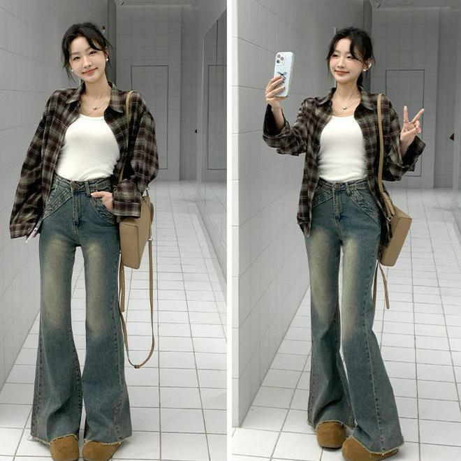 Micro Flare Jeans Women Nostalgic Blue Design Sensibility Autumn and Winter Thin and Versatile Horseshoe Pants Retro Baggy Long Jeans for Ladies