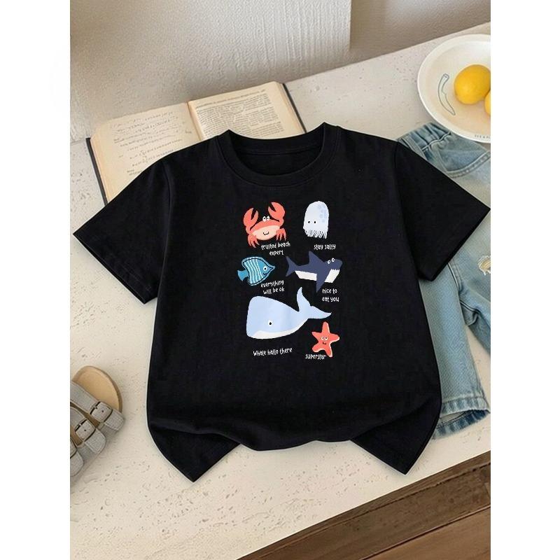 European Sizes Boys' T-shirt Crab Jellyfish Fish Shark Whale, Ideal for Outdoor Activities, Soft Knitted Top, Comfortable And Breathable