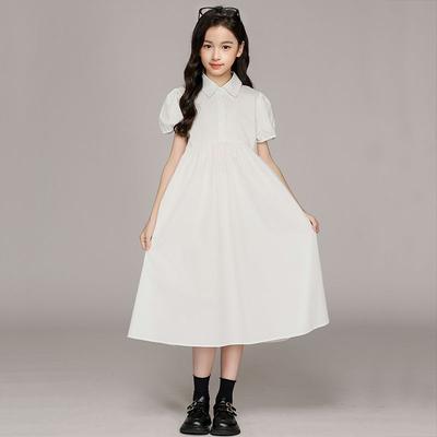 Girls' Fashionable White Dress for Summer, Simple and Loose Cotton Dress for Children
