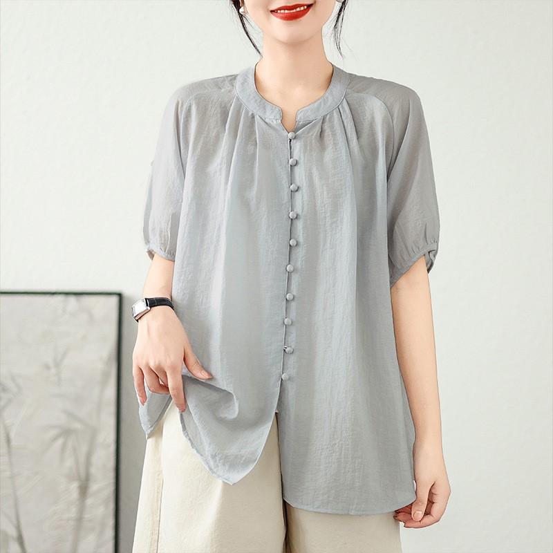 Johnature Summer Thin Simple Solid Color Women Tops Casual O-neck Short Sleeve Button Loose All Match Shirts