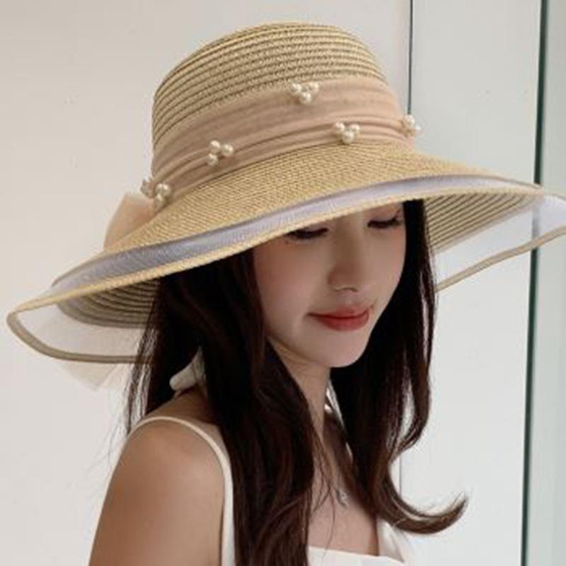 Pearl Decorated Straw Hat Women's Summer Outdoor Beach Visor French Casual Sunscreen Big Eaves Hat