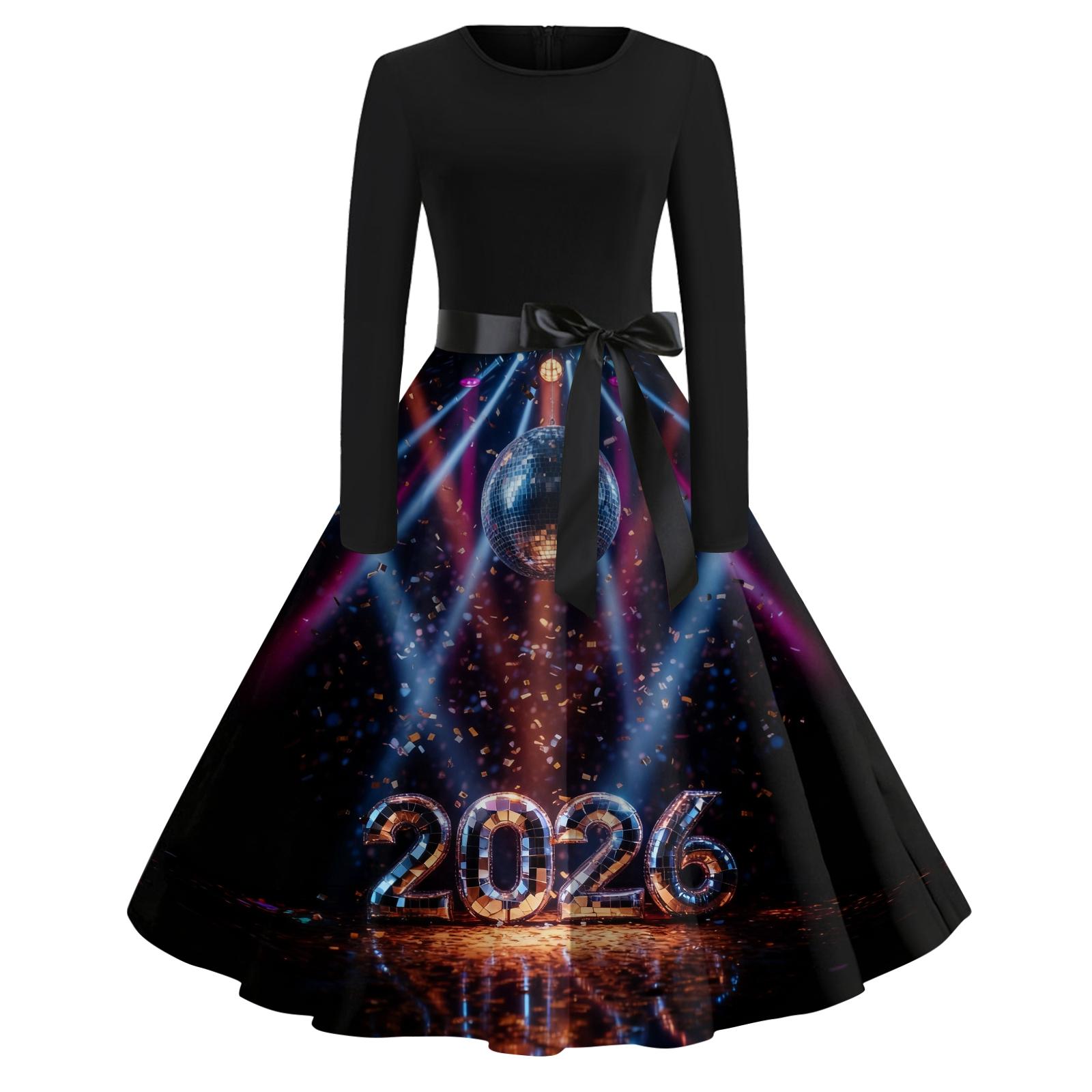 

Женское повседневное модное платье с круглым вырезом и длинным рукавом с новогодним принтом в ретро-стиле S