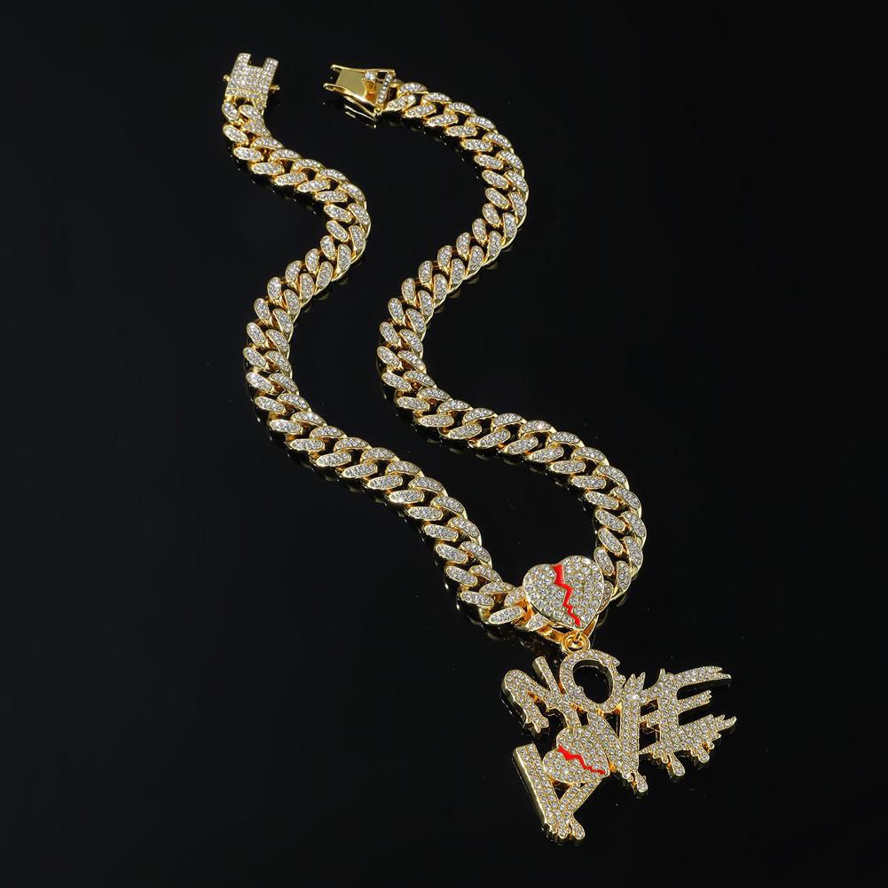 Men's Rhinestone NOLVE Cuban Necklace with Heart & Letter Pendant