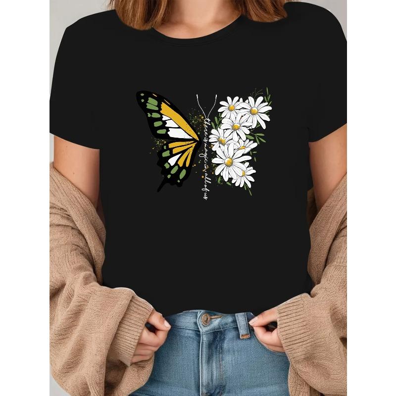Women S Trendy Casual Short-Sleeve T-Shirt with Butterfly And Daisy Print, a Fashionable And Versatile Summer New Arrival S чёрный