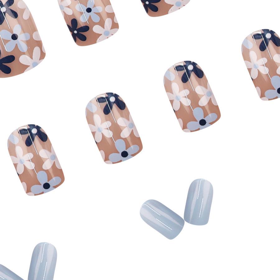 Vintage Blue Floral Square Wearable Nail Art Tips - 24 Pieces