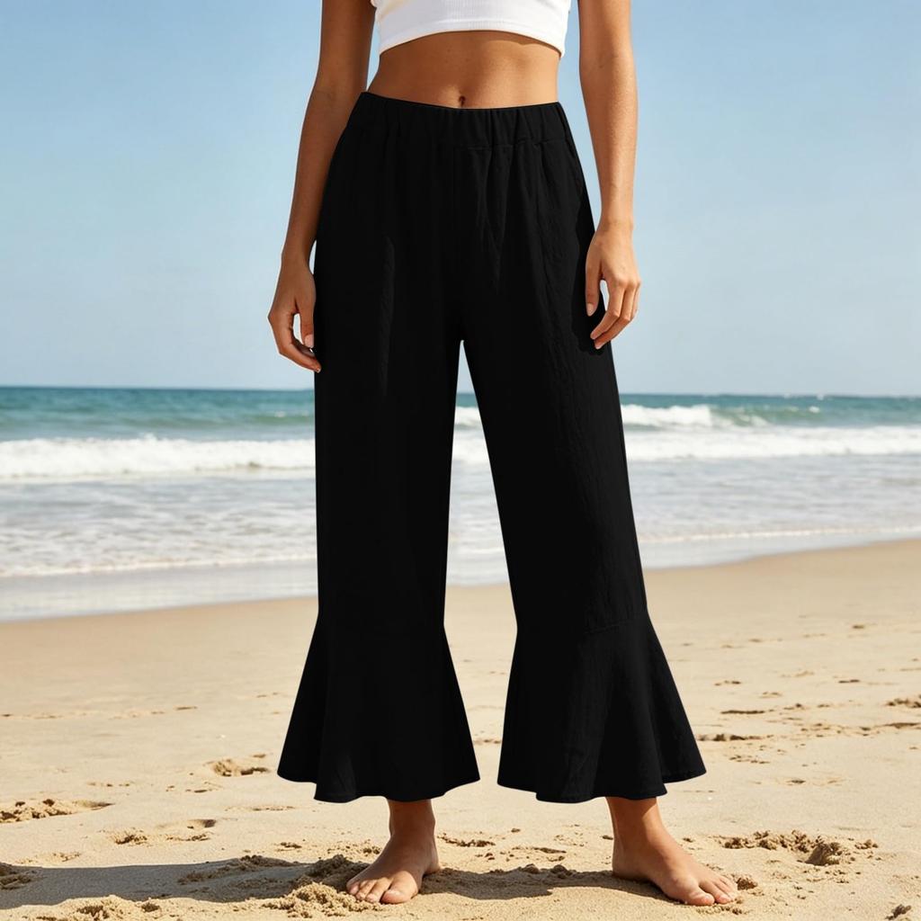 Damen Sommer Lässig Elastischer Bund Weites Bein Schlagende Caprihosen Strand Lockerer Schnitt Leicht Atmungsaktiv