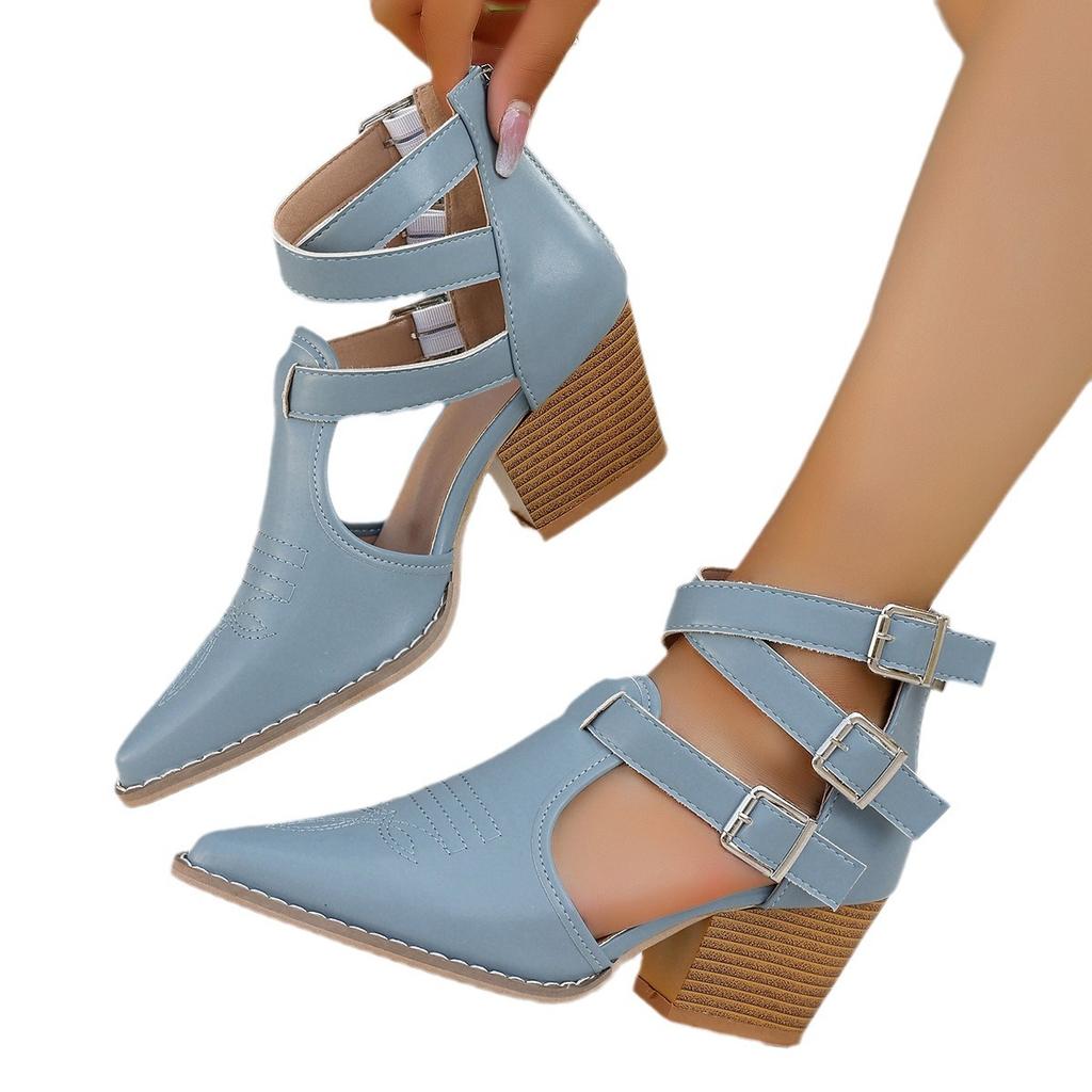 Außenhandel Übergröße Keilabsatz Sandalen Damen Europäisch und Amerikanisch Herbst Neu Hoher Absatz Dicker Absatz Spitz Gürtelschnalle Damen Sandalen