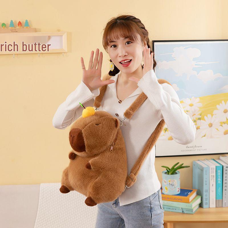 Capybara Cartoon Orange Plush Backpack: Women's Large Fuzzy Double Shoulder Bag
