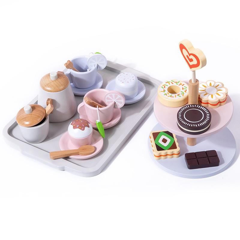 Wooden Children's Play House Tea Set Afternoon Tea Dessert Simulation Teapot Tableware Kitchen Boys and Girls Toys