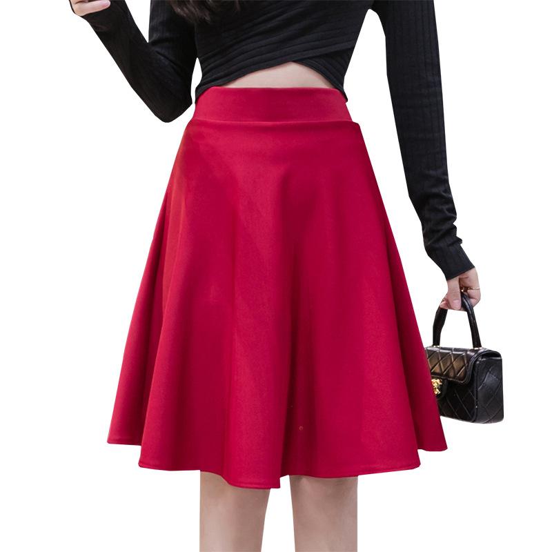 Ensfarget dameskjørt stort svingeskjørt slankende høy midje A-linje skjørt mellomlangt skjørt