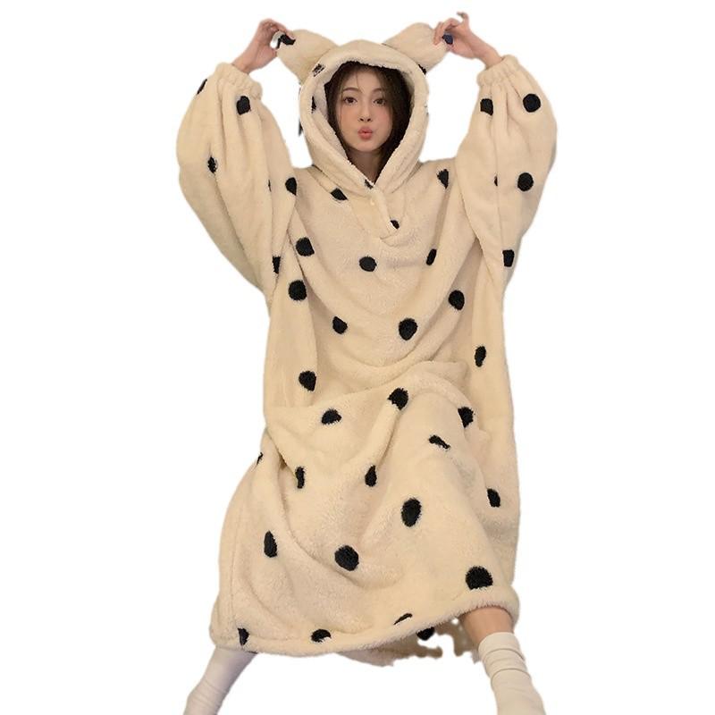 Women's Coral Fleece Hooded Pajamas - Thickened Velvet Nightgown for Autumn/Winter, Sweet, Cute, and Warm for Home or Outdoor Wear.